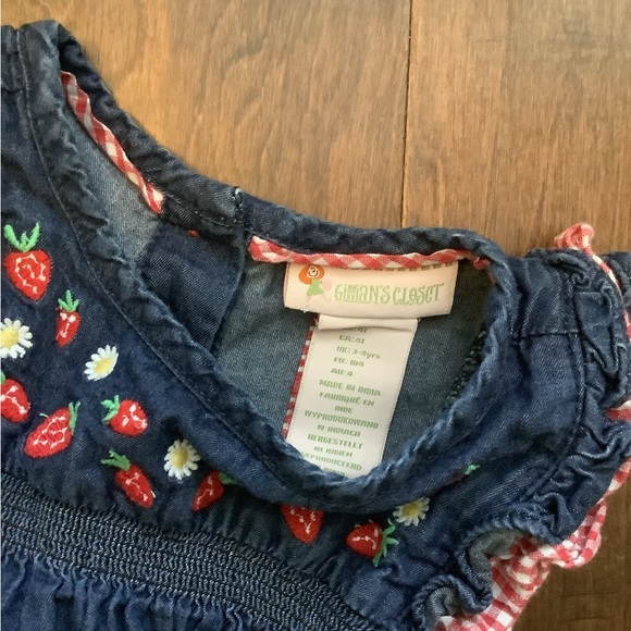 EUC Gillian’s Closet Denim Gingham Strawberry Dress Ruffle Button 4T - Picture 2 of 4
